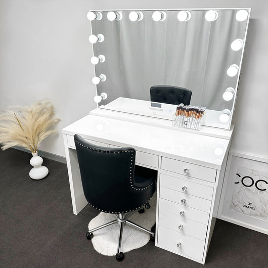 SPRING SALE! 12% OFF! 8 DRAWER VANITY TABLE - WHITE TOP/WHITE DRAWERS - OPTION TO ADD MIRROR