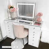 LOW STOCK!!!! 15% OFF! 13 DRAWER VANITY TABLE - GLASS TOP/WHITE DRAWERS - OPTION TO ADD MIRROR