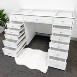 LOW STOCK!!!! 15% OFF! 13 DRAWER VANITY TABLE - GLASS TOP/WHITE DRAWERS - OPTION TO ADD MIRROR
