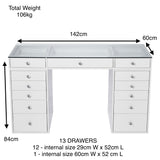 LOW STOCK!!!! 15% OFF! 13 DRAWER VANITY TABLE - GLASS TOP/WHITE DRAWERS - OPTION TO ADD MIRROR