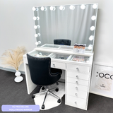 8 DRAWER VANITY TABLE - GLASS TOP / WHITE DRAWERS - OPTION TO ADD MIRROR