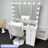 8 DRAWER VANITY TABLE - GLASS TOP / WHITE DRAWERS - OPTION TO ADD MIRROR