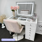 8 DRAWER VANITY TABLE - GLASS TOP / WHITE DRAWERS - OPTION TO ADD MIRROR