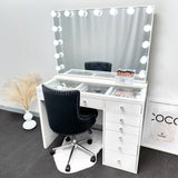 8 DRAWER VANITY TABLE - GLASS TOP / WHITE DRAWERS - OPTION TO ADD MIRROR