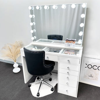 8 DRAWER VANITY TABLE - GLASS TOP / WHITE DRAWERS - OPTION TO ADD MIRROR
