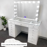 VC 13 DRAWER VANITY TABLE - GLASS TOP/WHITE DRAWERS - OPTION TO ADD MIRROR