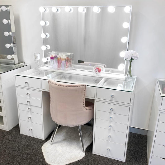 VC 13 DRAWER VANITY TABLE - GLASS TOP/WHITE DRAWERS - OPTION TO ADD MI –  Vanity Collections