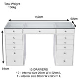 VC 13 DRAWER VANITY TABLE - GLASS TOP/WHITE DRAWERS - OPTION TO ADD MIRROR