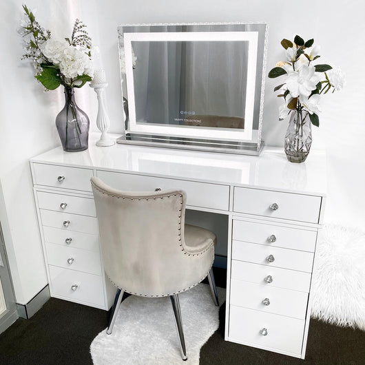 VC 13 DRAWER VANITY TABLE - WHITE TOP/WHITE DRAWERS - OPTION TO ADD MIRROR - PRE ORDER DEC 2023